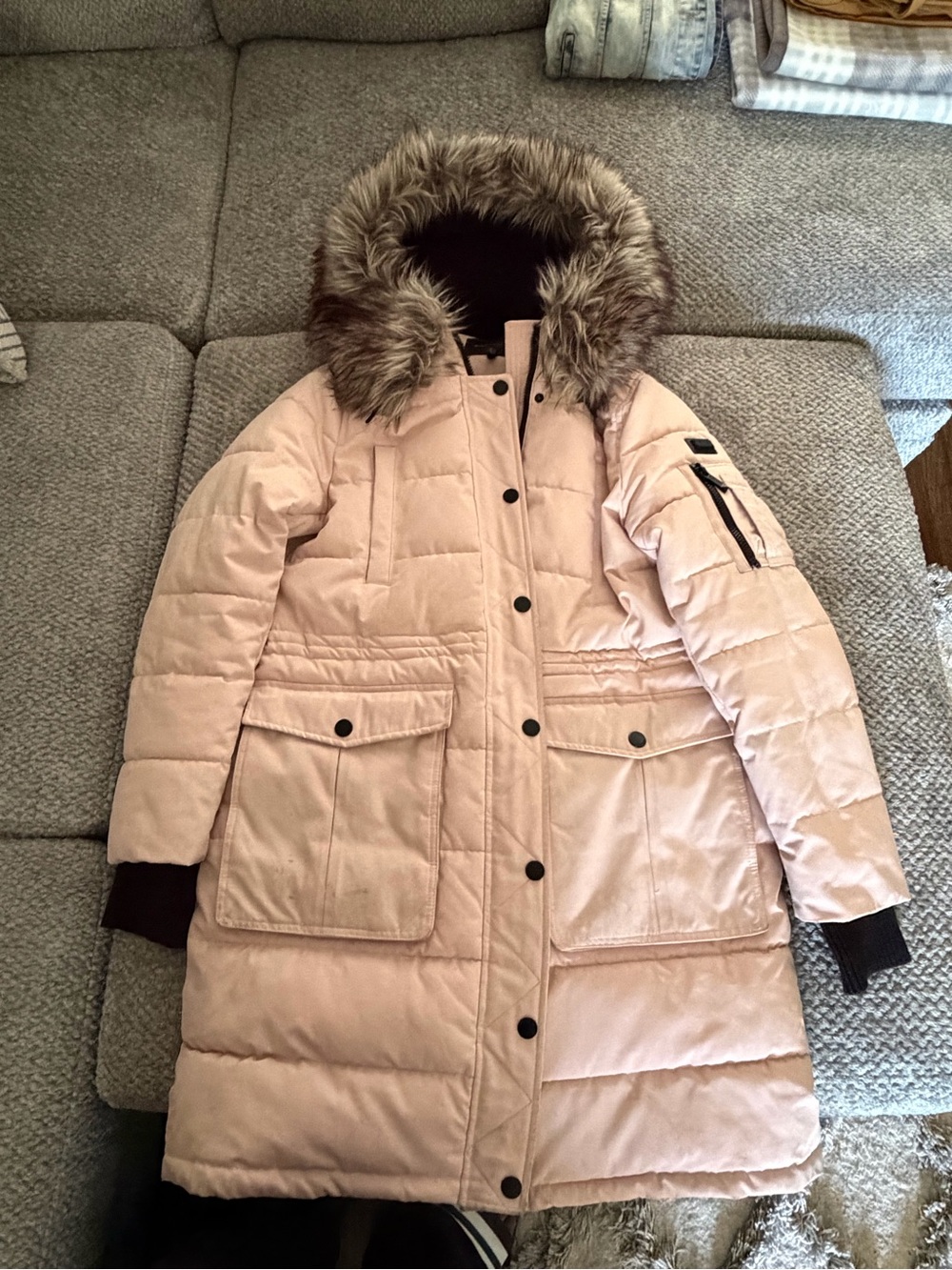 Blush Pink Faux-Fur Trim Hooded Puffer Coat